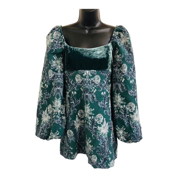 Free People structured green brocade look velvet balloon sleeve babydoll dress - Picture 7 of 16